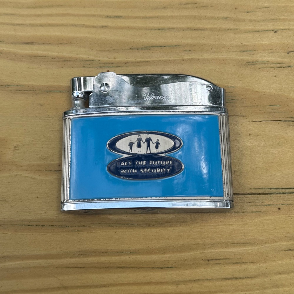 Vintage Vulcan Lighter Security Insurance Blue Enamel Advertising Japan Made - Picture 2 of 5